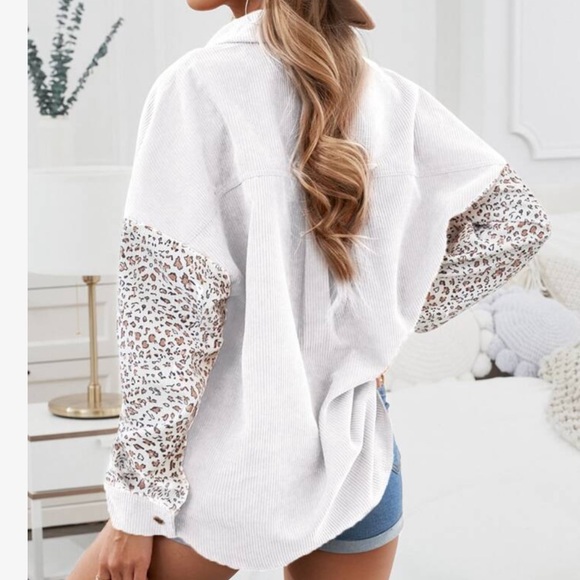 Boho Oversized Loose Leopard Patched Pocket Button Up Corduroy Shirt Top Blouse - Picture 2 of 2